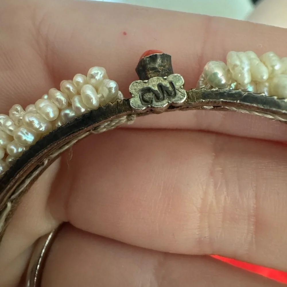 Antique Angel Skin Coral Freshwater Pearl Signed Estate Bracelet